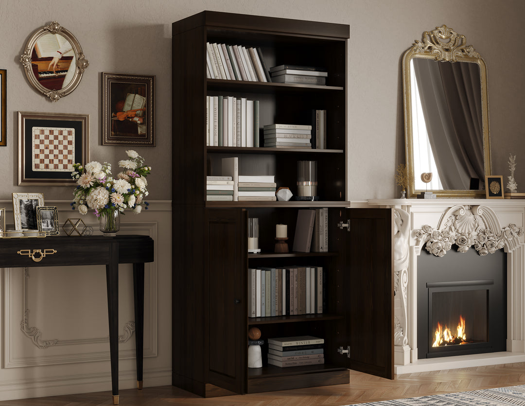 100% Solid Wood Tall Modular Bookcase Cabinet with Doors & Open Shelves, Storage Display Bookshelf with Adjustable Shelves, 32" W x 71.5" H