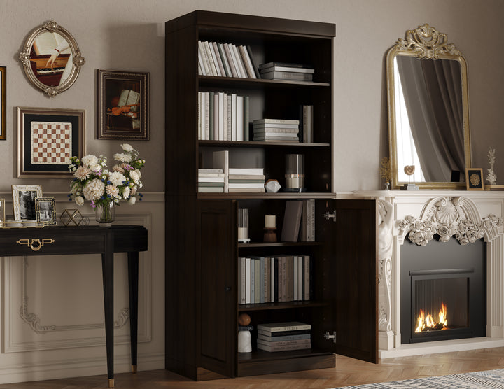 100% Solid Wood Tall Modular Bookcase Cabinet with Doors & Open Shelves, Storage Display Bookshelf with Adjustable Shelves, 32" W x 71.5" H