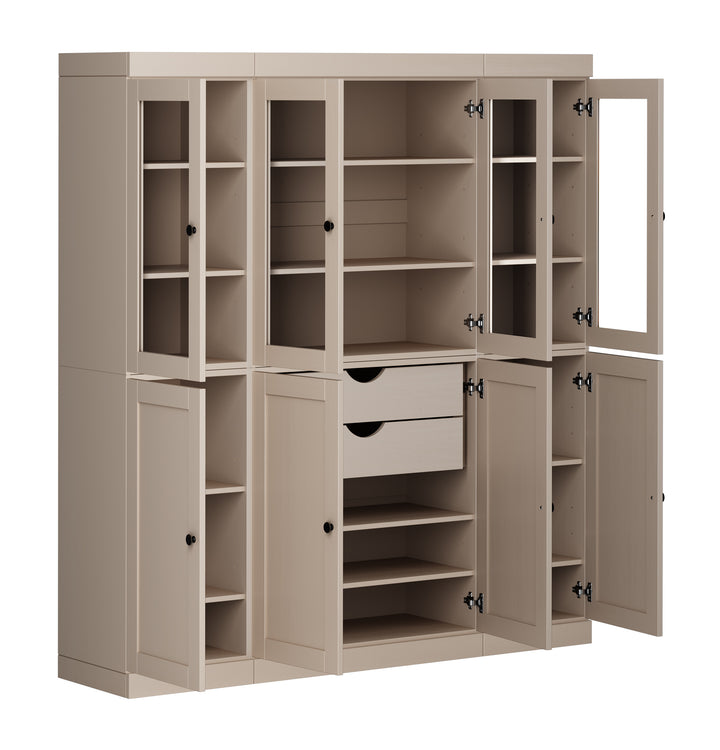 100% Solid Wood 65" China Pantry Cabinet, 4 Glass, 4 Shaker Wood Doors, 2-Drawers