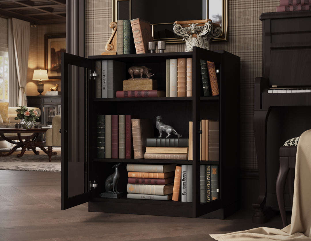 Premium 100% Solid European Oak Hardwood 3-Shelf Modular Bookcase with Tinted Glass Doors – 32" Wide, 35.75" Tall