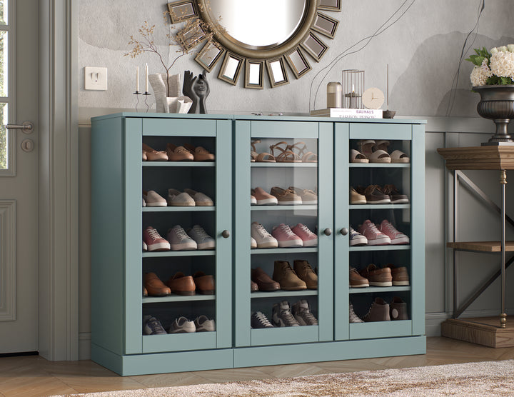100% Solid Wood Glass Door Shoe Storage Cabinet, Adjustable Shelves, Space Saving Modular Entryway Organizer, 48.5" W x 35.75" H