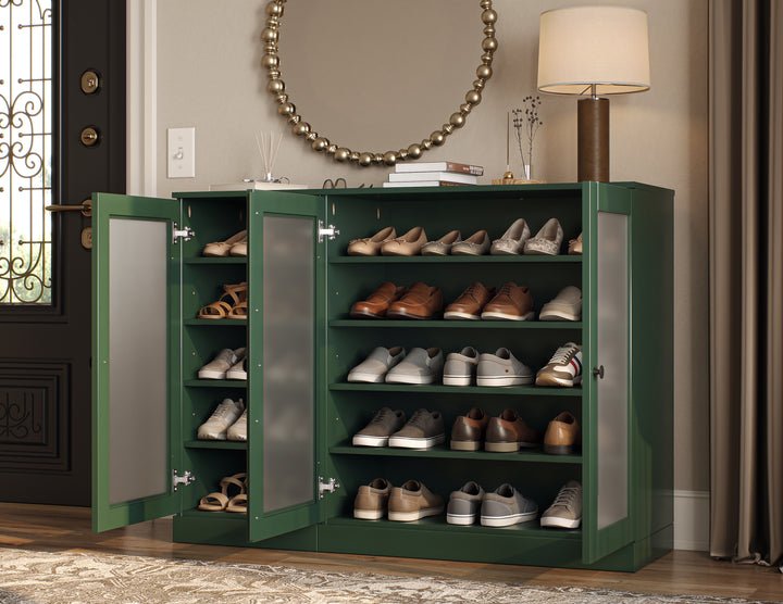 100% Solid Wood Frosted Glass Door Shoe Storage Cabinet, Adjustable Shelves, Space Saving Modular Entryway Organizer, 48.5" W x 35.75" H