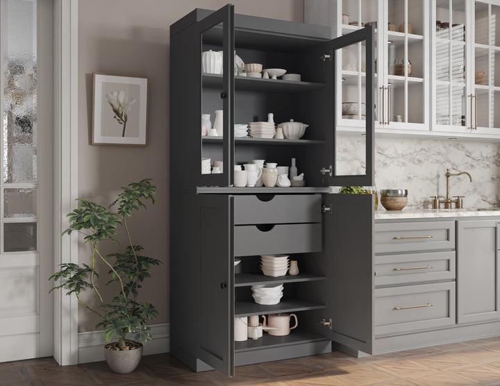 100% Solid Brazilian Pine Wood Pantry Cabinet, Shaker & Clear Glass Doors, 2 Drawers, Adjustable Shelves, 32" Wide, 71.5" Tall