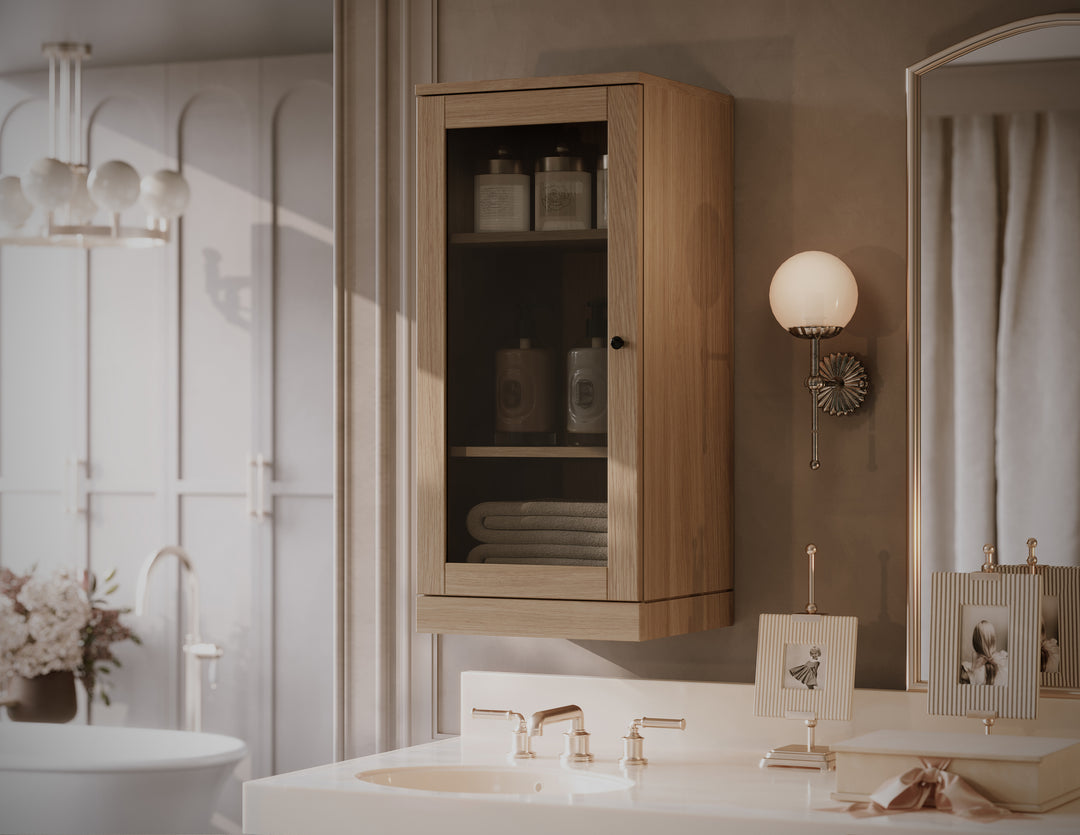 Premium 100% Solid European Oak Bathroom Wall Cabinet with Tinted Glass Doors, 16" W x 35.75" H