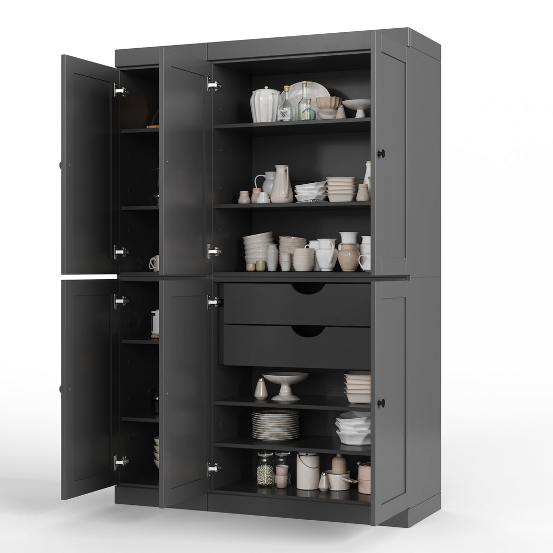100% Solid Wood 48.5" Pantry Cabinet, Shaker Wood Doors, 2-Drawers