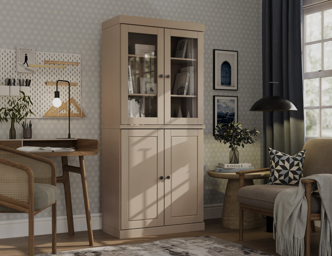 100% Solid Wood 6-Shelf 32" Bookcase, 2 Glass Doors, 2 Raised Panel Doors, Adjustable Shelves