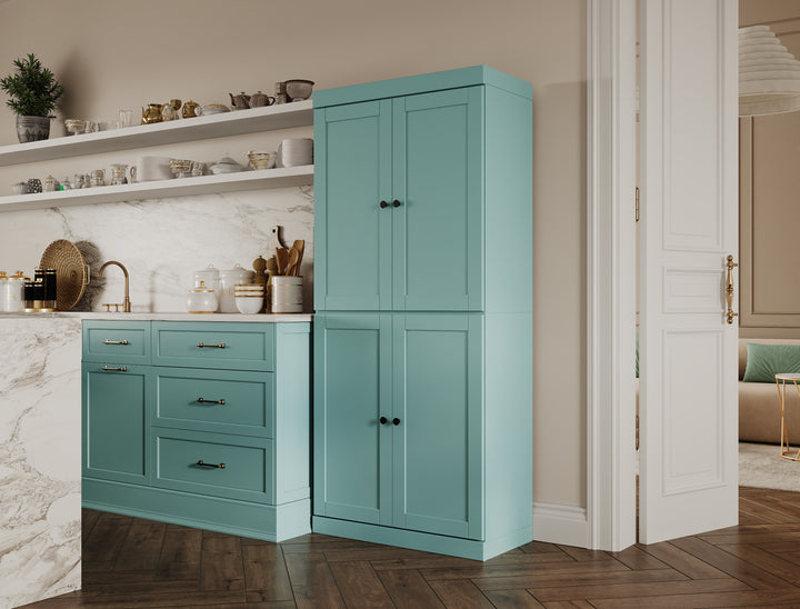 100% Solid Wood 32" Pantry Cabinet, Shaker Wood Doors, 2-Drawers