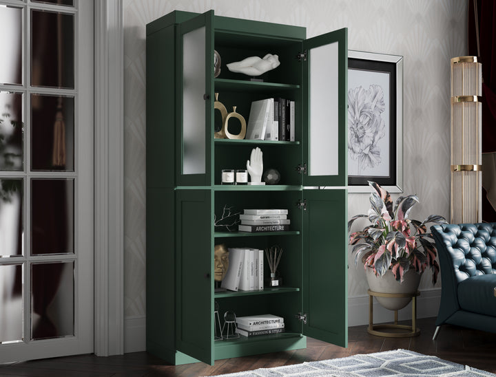 100% Solid Wood 6-Shelf 32" Bookcase, 2 Frosted Glass, 2 Shaker Wood Doors, Adjustable Shelves