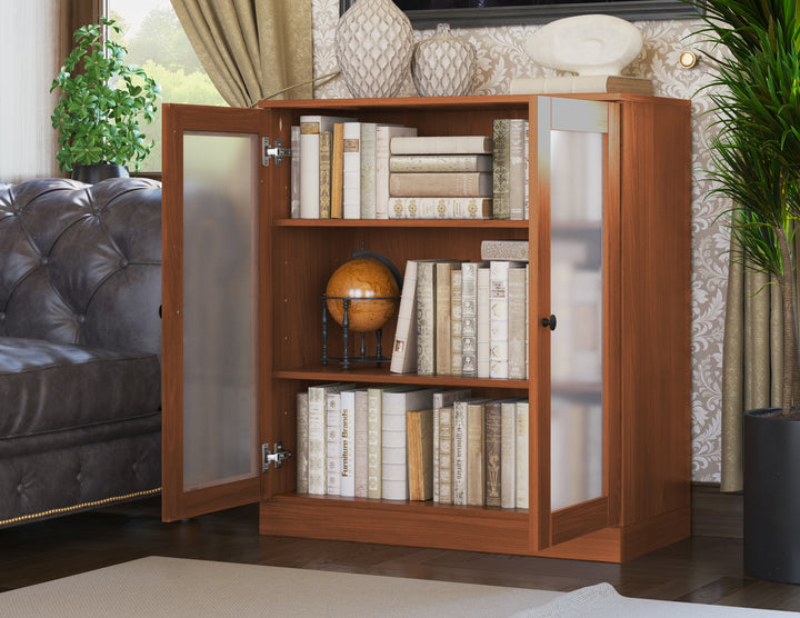 100% Solid Wood Freestanding 3-Shelf Bookcase Cabinet with Frosted Glass Doors & Adjustable Shelves, Display Storage Bookshelf, 32" W x 35.75" H
