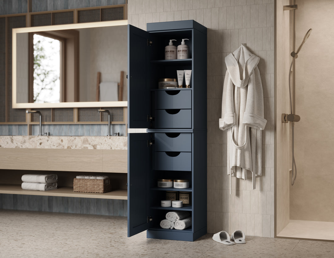 100% Solid Wood Tall Freestanding Modular Bathroom Linen Storage Cabinet with Shaker Doors, 4 Drawers, Adjustable Shelves, 16.5" W x 71.5" H