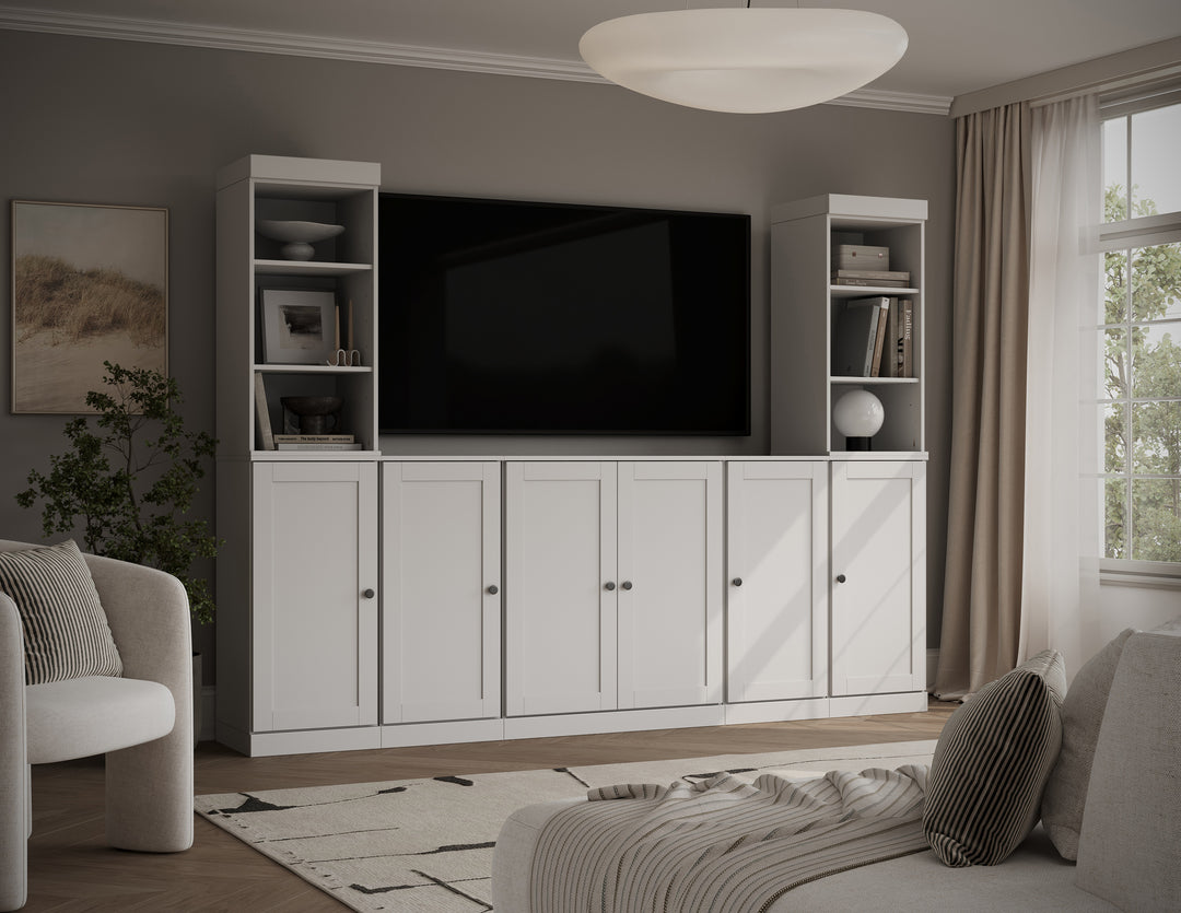 100% Solid Wood 7-Piece Entertainment Center Wall Unit with Storage, Open Cabinets & Shaker Doors, Adjustable Shelves, 98" W x 71.5" H