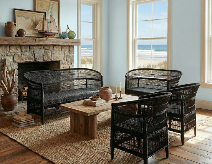 100% Handwoven Natural Rattan 4-Piece Indoor Seating Set with 2 Chairs, Loveseat, and 3-Seater Settee, Solid Wood Frame, Boho Farmhouse, Authentic African Craftsmanship