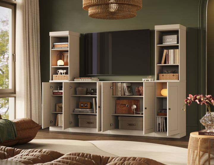 100% Solid Wood 6-Piece Entertainment Center Wall Unit with Storage, Open Cabinets & Raised Panel Doors, Adjustable Shelves, 97" W x 71.5" H