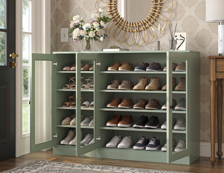 100% Solid Wood Glass Door Shoe Storage Cabinet, Adjustable Shelves, Space Saving Modular Entryway Organizer, 48.5" W x 35.75" H