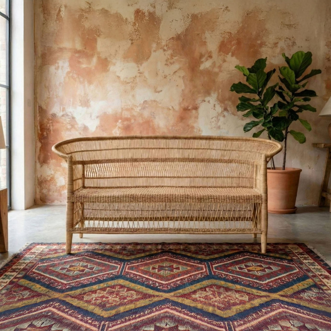 100% Handwoven Natural Rattan 3-Seater Indoor Settee with Solid Wood Frame, Boho Coastal Farmhouse Accent Seating – Authentic African Craftsmanship