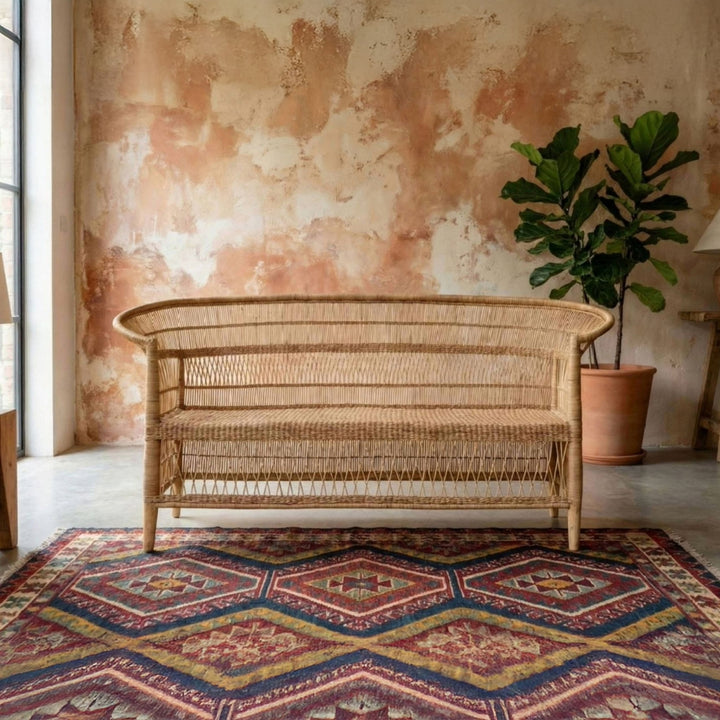 100% Handwoven Natural Rattan 3-Seater Indoor Settee with Solid Wood Frame, Boho Coastal Farmhouse Accent Seating – Authentic African Craftsmanship