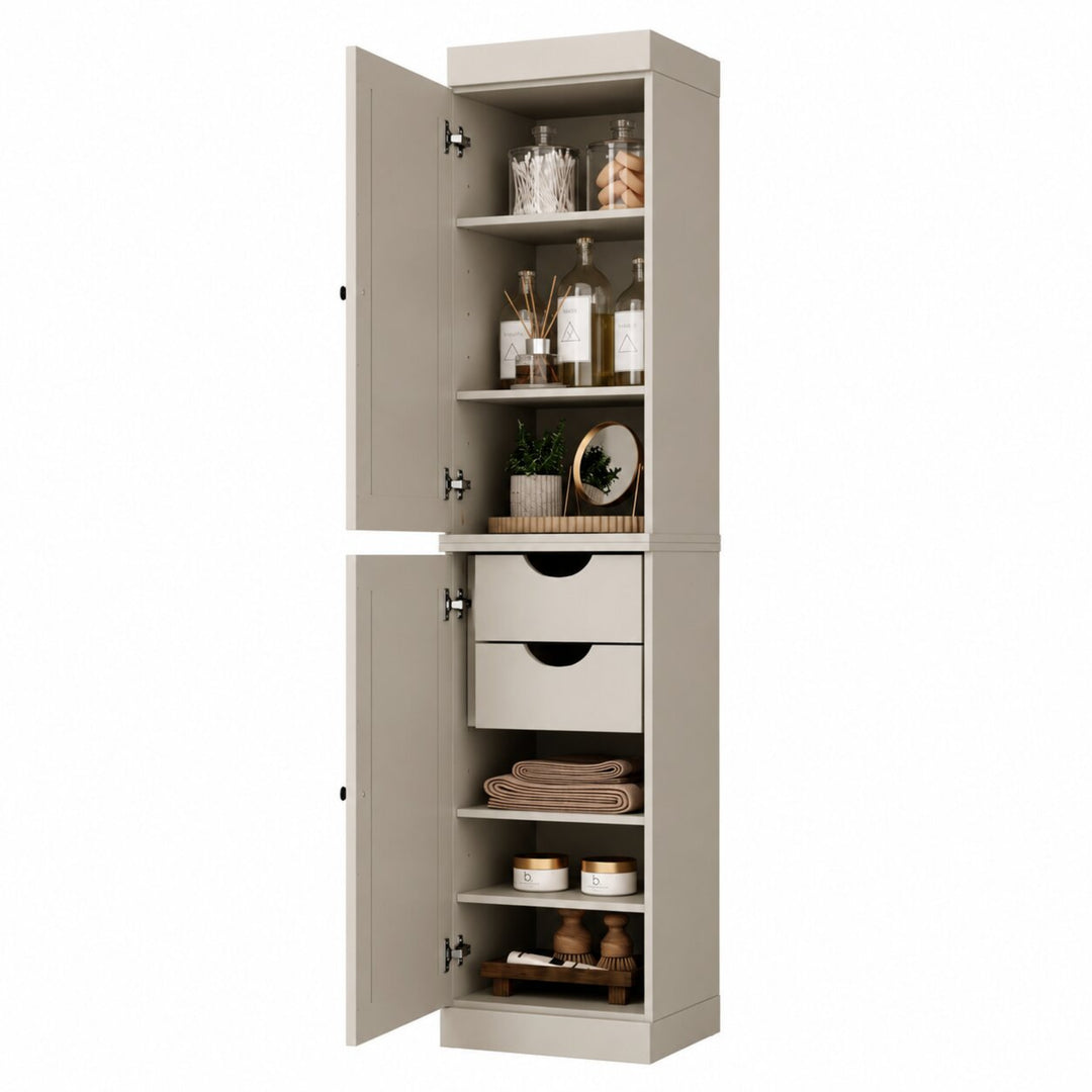 100% Solid Wood Bathroom Storage Cabinet, Shaker Doors, 2 Drawers, Adjustable Shelves, 16.5" Wide, 71.5" Tall
