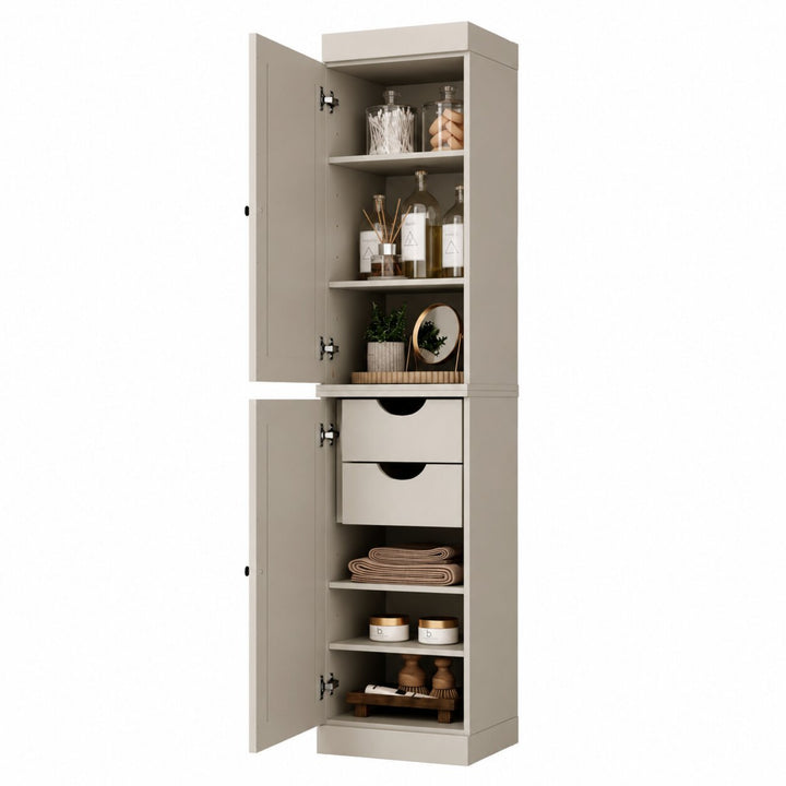 100% Solid Wood Bathroom Storage Cabinet, Shaker Doors, 2 Drawers, Adjustable Shelves, 16.5" Wide, 71.5" Tall