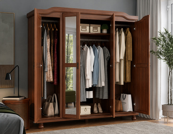 100% Solid Wood 4-Door Wardrobe Armoire with Mirrored Doors, Bedroom Closet Storage - Kyle Collection