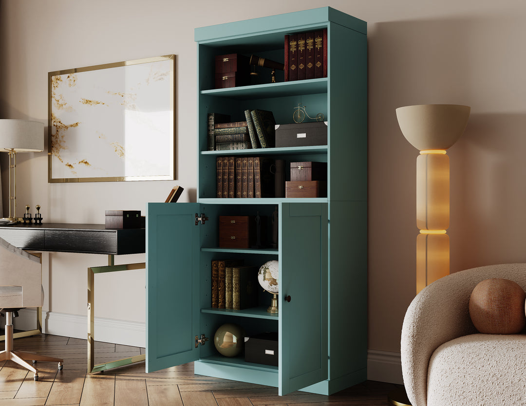 100% Solid Wood 6-Shelf 32" Bookcase Cabinet, 2 Solid Shaker Wood Doors, Adjustable Shelves