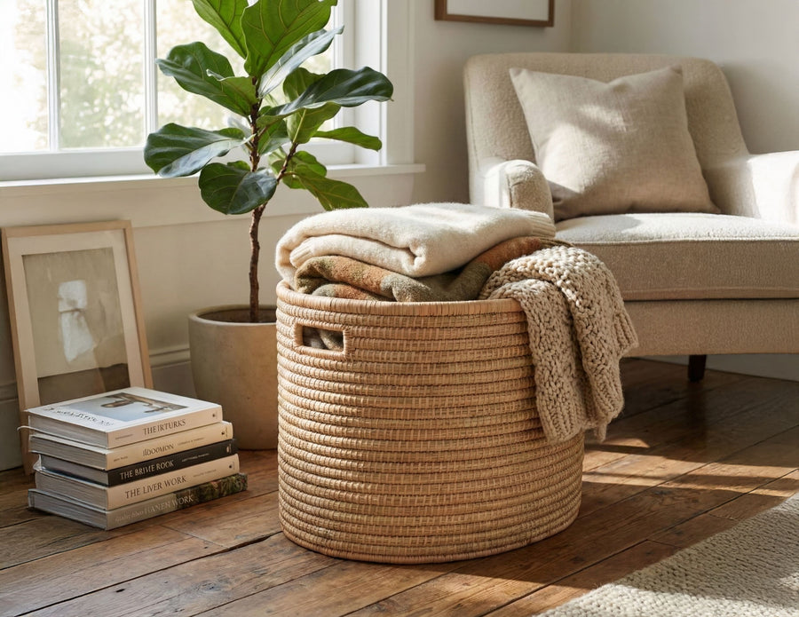 100% Handwoven Natural Rattan 18.5" Oval Basket with Handles, Boho Farmhouse Decorative Laundry & Storage Organizer, Handcrafted – Authentic African Craftsmanship, Baskets - Palace Imports