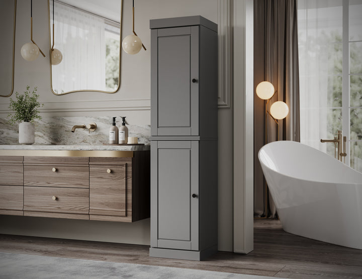 100% Solid Wood Bathroom Storage Cabinet, Raised Panel Doors, 2 Drawers, Adjustable Shelves, 16.5" Wide, 71.5" Tall