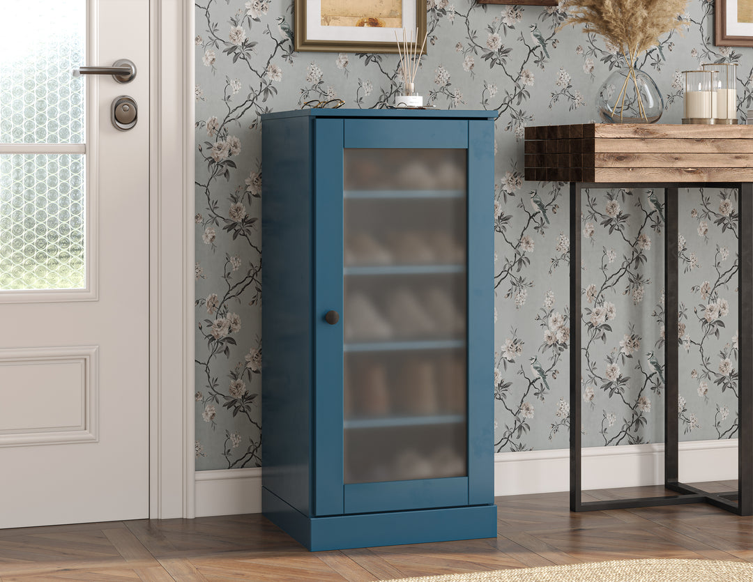 100% Solid Wood Narrow Frosted Glass Door Shoe Storage Cabinet with Adjustable Shelves, Space Saving Stackable Organizer, 16.5" W x 35.75" H
