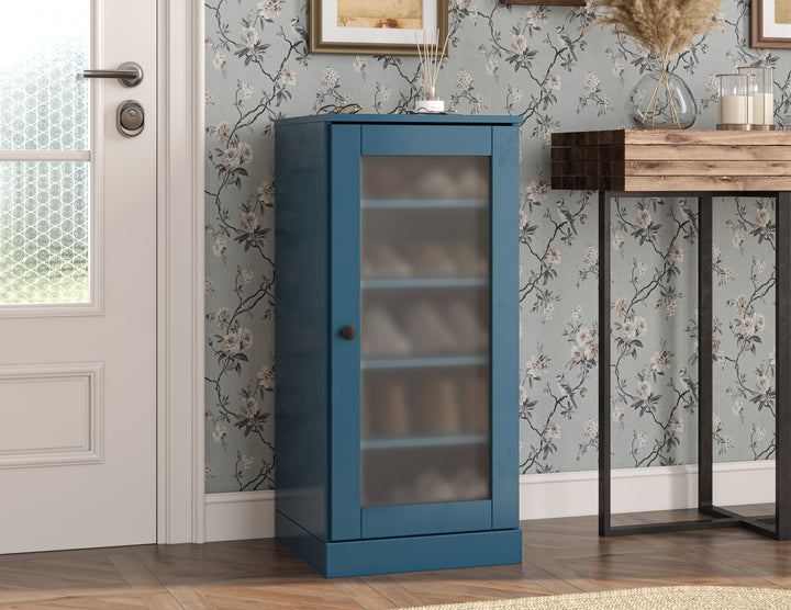 100% Solid Wood Narrow Frosted Glass Door Shoe Storage Cabinet with Adjustable Shelves, Space Saving Stackable Organizer, 16.5" W x 35.75" H