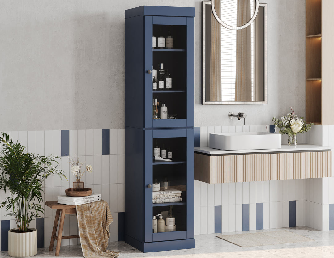 100% Solid Wood 16.5" Tall Bathroom Cabinet, Glass Doors, Adjustable Shelves