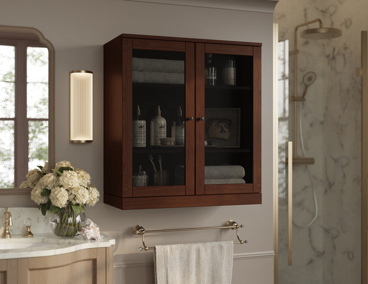 Premium 100% Solid European Oak Bathroom Wall Cabinet with Tinted Glass Doors, 32" W x 35.75" H