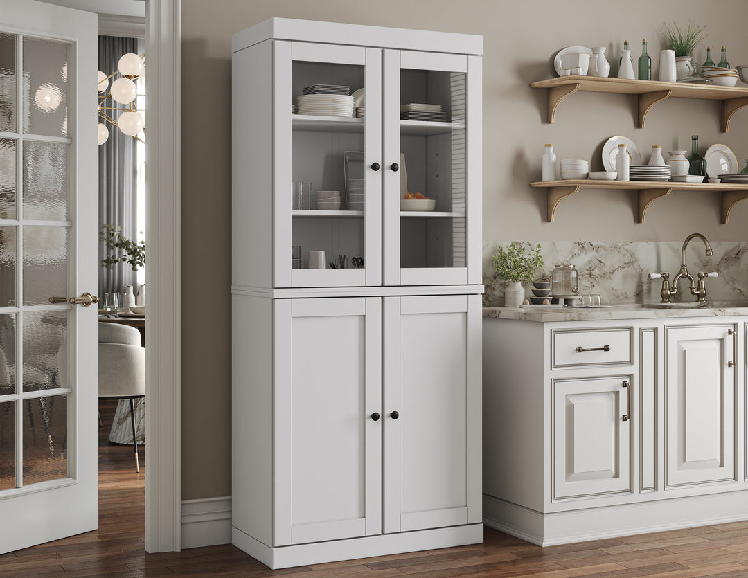 100% Solid Brazilian Pine Wood Pantry Cabinet, Shaker & Clear Glass Doors, 2 Drawers, Adjustable Shelves, 32" Wide, 71.5" Tall