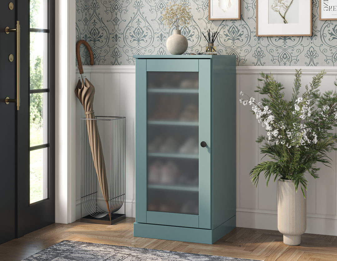 100% Solid Wood Narrow Frosted Glass Door Shoe Storage Cabinet with Adjustable Shelves, Space Saving Stackable Organizer, 16.5" W x 35.75" H
