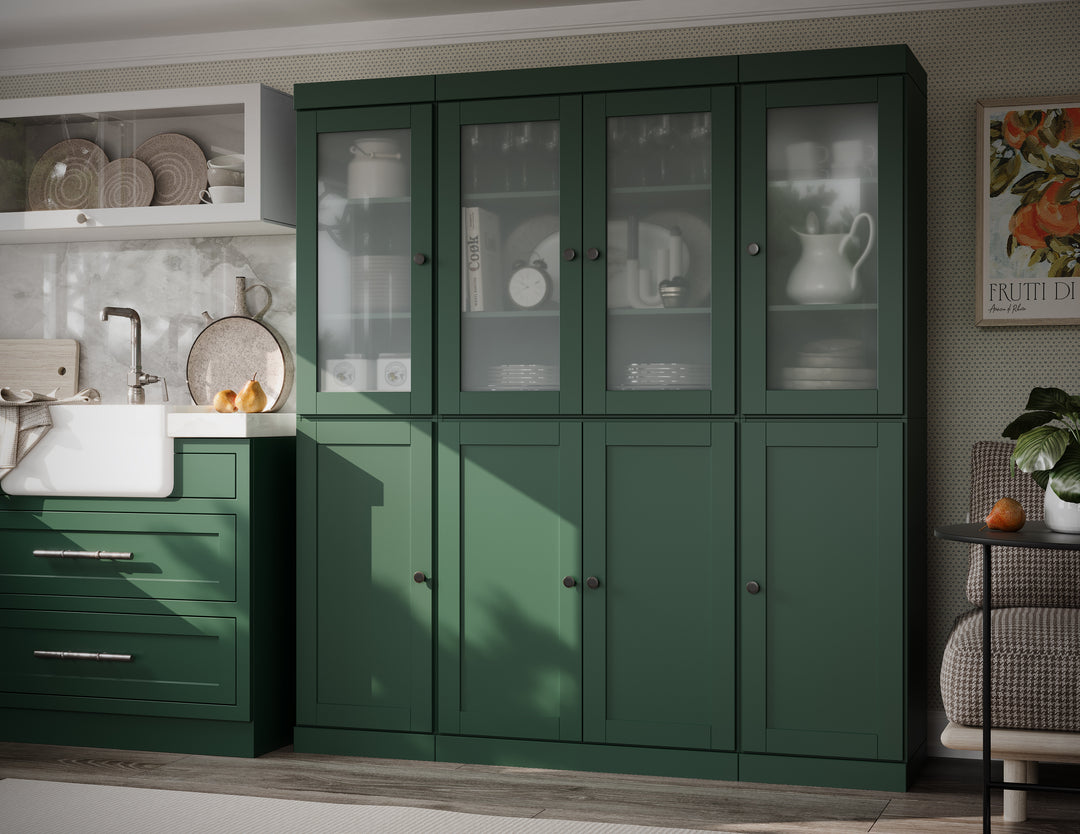 Green 100% Solid Wood Kitchen Pantry Cabinet, Tall Freestanding Modular Storage with Frosted Glass & Shaker Doors, Adjustable Shelves, 65" W x 71.5" H