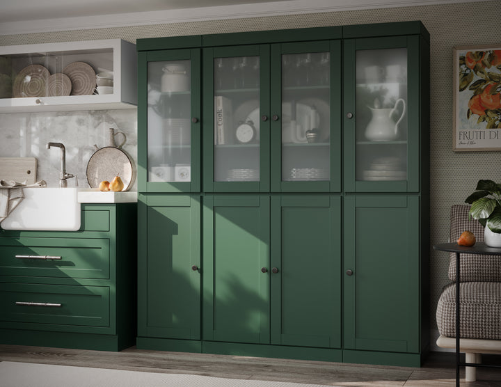 Green 100% Solid Wood Kitchen Pantry Cabinet, Tall Freestanding Modular Storage with Frosted Glass & Shaker Doors, Adjustable Shelves, 65" W x 71.5" H