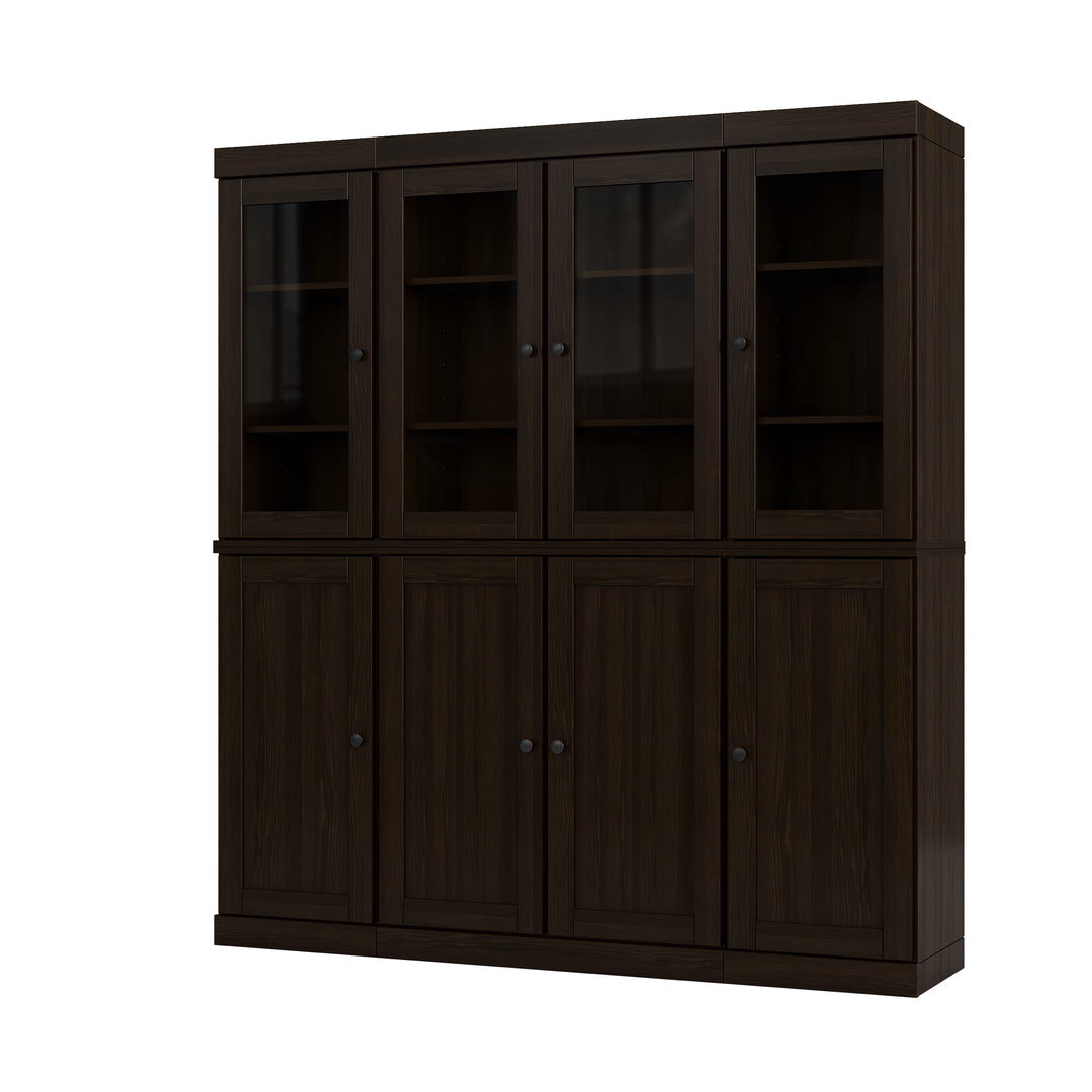 100% Solid Brazilian Pine Wood Pantry China Cabinet, Clear Glass & Shaker Doors, Adjustable Shelves, 65" Wide, 71.5" Tall