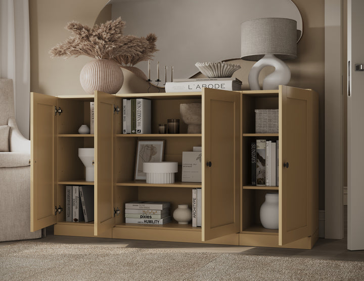 100% Solid Brazilian Pine Wood Sideboard, Shaker Doors, Adjustable Shelves, 65" Wide, 35.75" Tall