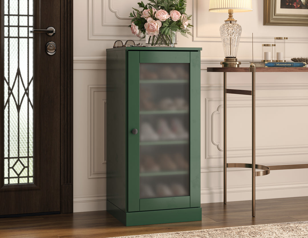 100% Solid Wood Narrow Frosted Glass Door Shoe Storage Cabinet with Adjustable Shelves, Space Saving Stackable Organizer, 16.5" W x 35.75" H
