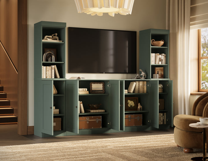 100% Solid Wood 6-Piece Entertainment Center Wall Unit with Storage, Open Cabinets & Shaker Doors, Adjustable Shelves, 97" W x 71.5" H