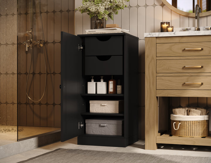 100% Solid Wood Bathroom Storage Cabinet, Raised Panel Door, 2 Drawers, Adjustable Shelves, 16.5" Wide, 35.75" Tall