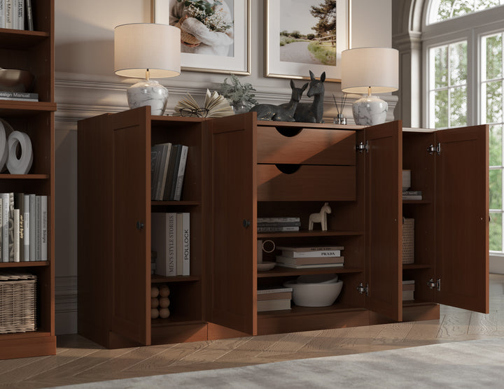 100% Solid Brazilian Pine Wood Sideboard, Shaker Doors, 2 Drawers, Adjustable Shelves, 65" Wide, 35.75" Tall