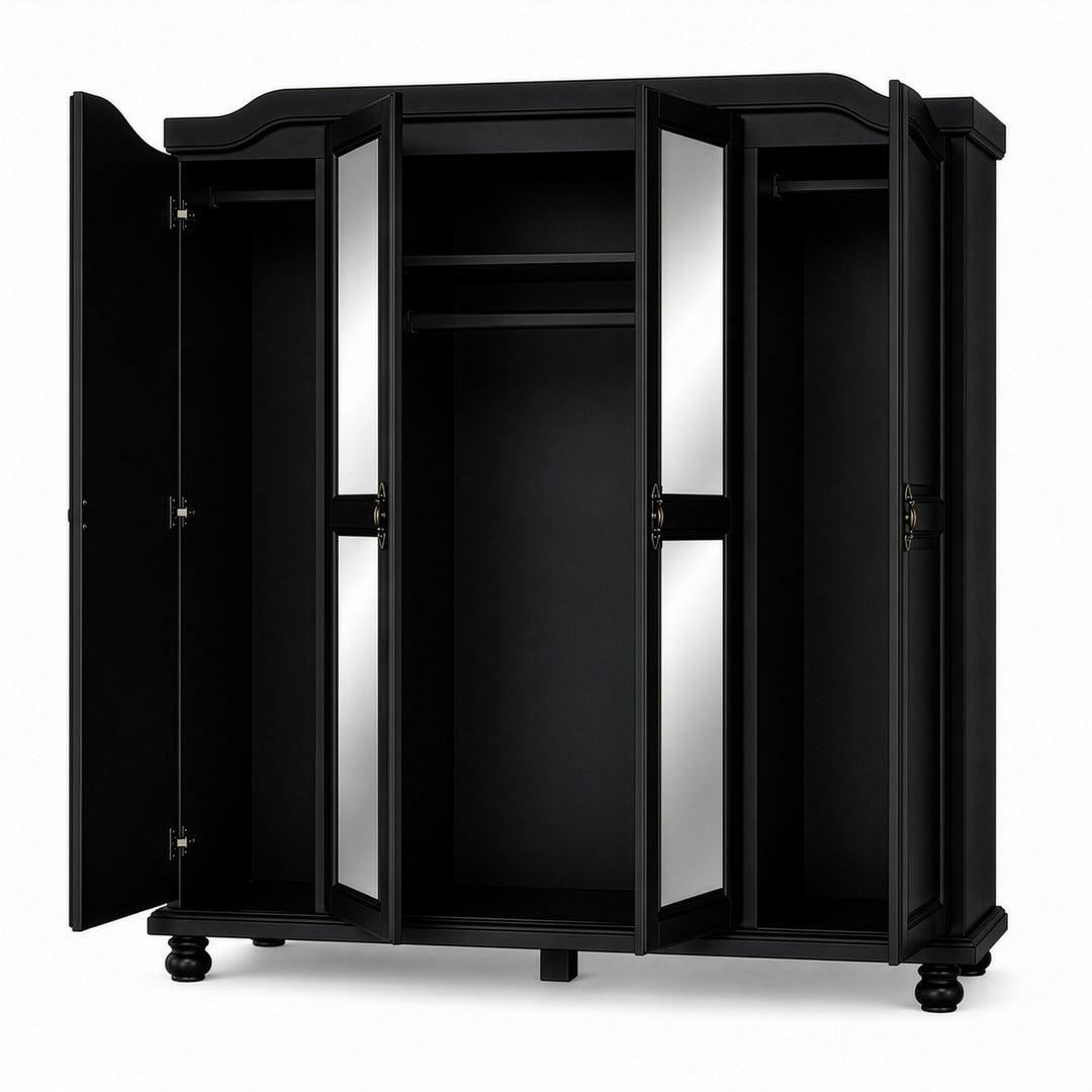 100% Solid Wood 4-Door Wardrobe Armoire with Mirrored Doors, Bedroom Closet Storage - Kyle Collection