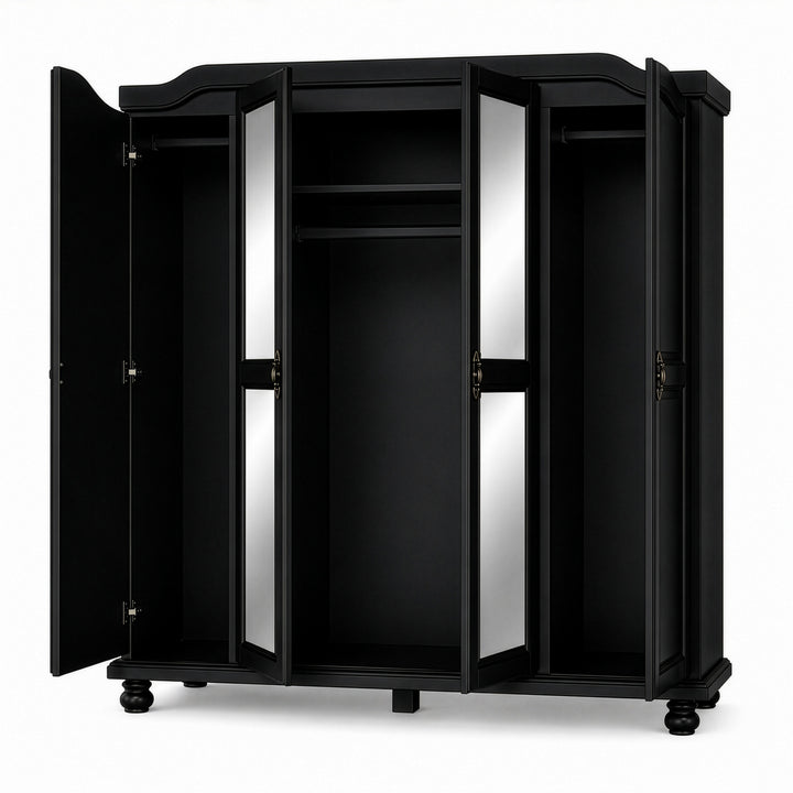 100% Solid Wood 4-Door Wardrobe Armoire with Mirrored Doors, Bedroom Closet Storage - Kyle Collection