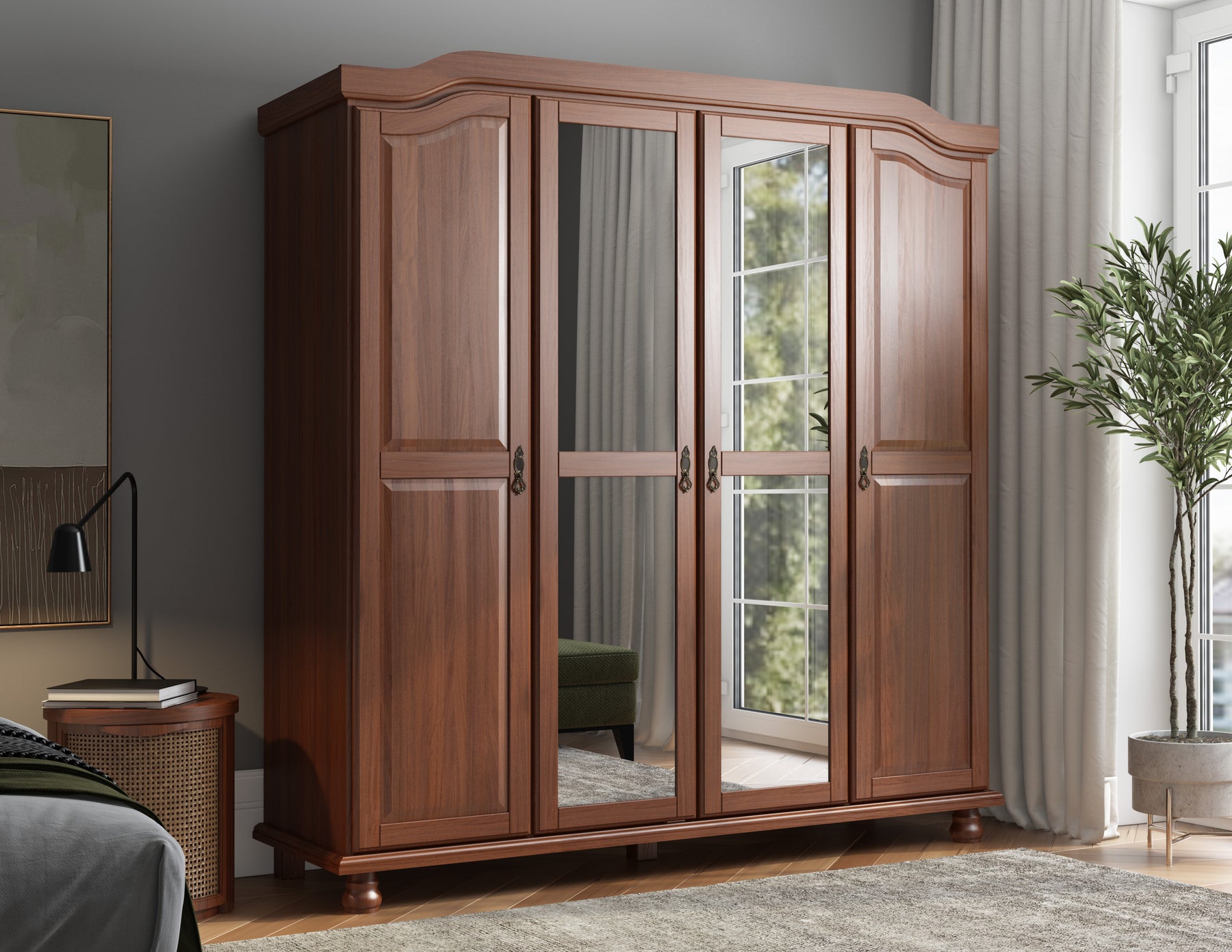 Palace Imports 100% Solid Wood Kyle 4-Door Wardrobe With Mirrored Doors