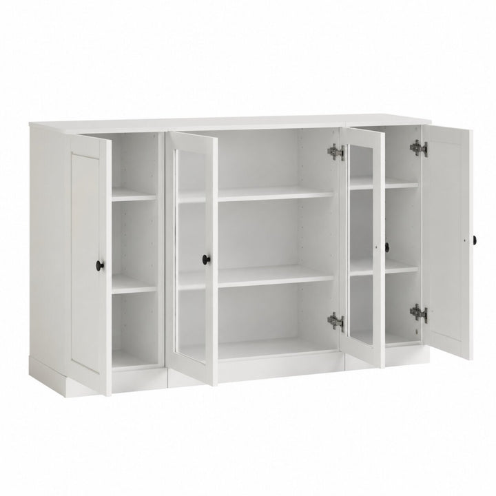 100% Solid Wood TV Stand with Raised Panel, Clear Glass Doors and Adjustable Shelves for TVs up to 65"