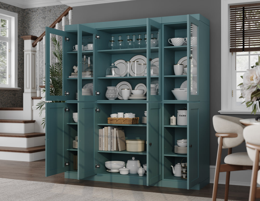 100% Solid Wood 65" China Pantry Cabinet, 4 Clear Glass, 4 Shaker Wood Doors