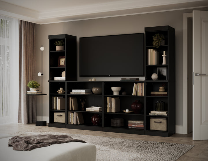 100% Solid Wood 6-Piece Entertainment Center Wall Unit with Storage, Open Cabinets, Adjustable Shelves, 97" W x 71.5" H