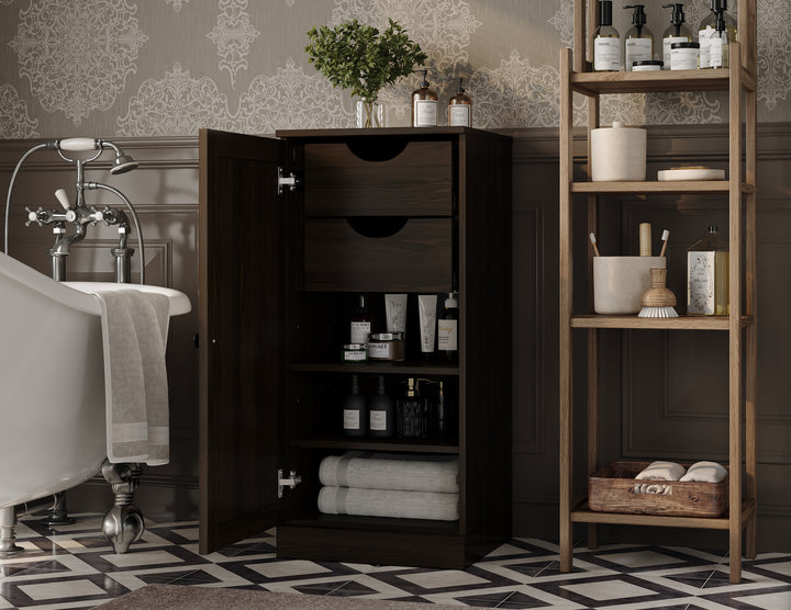 100% Solid Wood Bathroom Storage Cabinet, Raised Panel Door, 2 Drawers, Adjustable Shelves, 16.5" Wide, 35.75" Tall