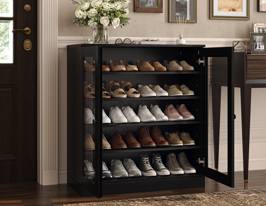 100% Solid Wood Glass Door Shoe Storage Cabinet with Adjustable Shelves, Space Saving Stackable Entryway Organizer, 32" W x 35.75" H