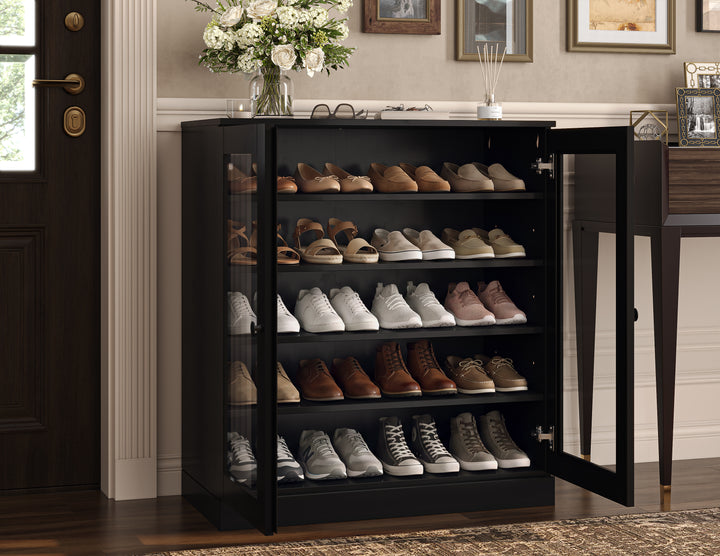 100% Solid Wood Glass Door Shoe Storage Cabinet with Adjustable Shelves, Space Saving Stackable Entryway Organizer, 32" W x 35.75" H