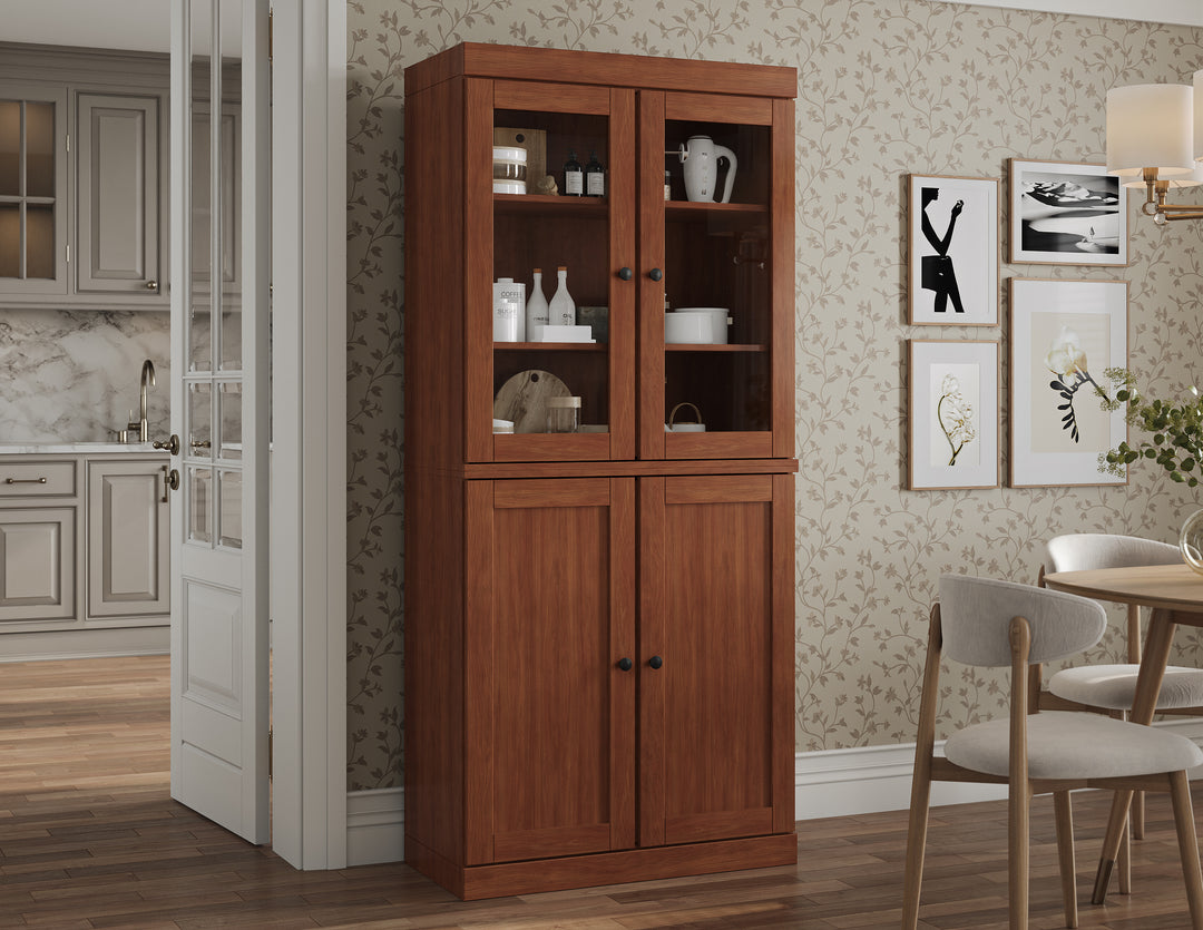 100% Solid Brazilian Pine Wood Pantry Cabinet, Shaker & Clear Glass Doors, 2 Drawers, Adjustable Shelves, 32" Wide, 71.5" Tall